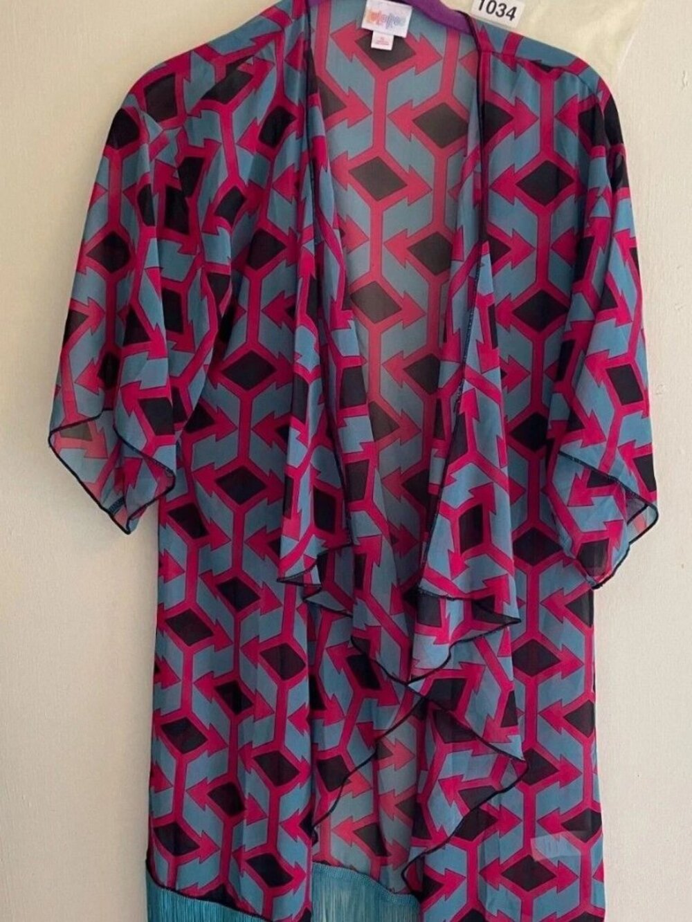 LuLaRoe Monroe Small Kimono Teal Pink Black Geometric Sheer Fringe